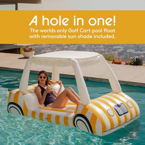 FUNBOY Giant Inflatable Luxury Golf Cart Pool Float, Two Cup Holders, Removable Fringe Shade, Float for Summer Pool Party and Entertainment - color: Yellow, White