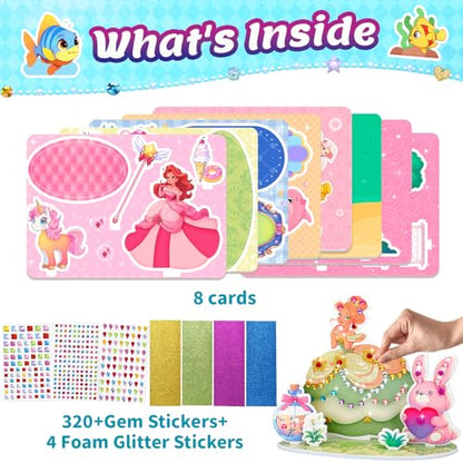 Stickers for Kids, Gem Stickers Kit, Travel Toys for Girls, 600+Sticker, DIY Scrapbooking Activity, 5 Princess Theme Diamond Art Kits for Kids Christmas Birthday Gifts for Girls Ages 3, 4, 5, 6, 7, 8 - style: Gem Stickers Kit