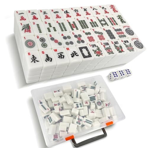166 American Mahjong Tiles Only with Portable Carrying Storage Box & 3 Dice, 1.2" Mahjong Set for Party, Play with Friends Family (White) - color: White