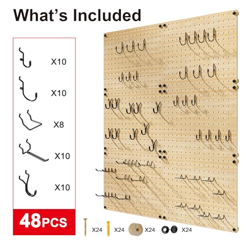 VOIMO Bamboo Pegboard Organizer Set, 6 Panels (16"x12") with 48 Hooks – Eco-Friendly Wall Mounted Storage Rack for Tools, Crafts & Office – Natural Bamboo Pegboard System with Accessories - size: 16'' X 12'' (6 Panels)