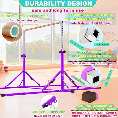 Marfula Gymnastic Bar For Kid and Teenage of 3-25, 5Ft/8 FT Base Length 4Ft Width 5Ft Adjust Height, Gymnastic Kip Bar For Gymnast, Gymnastic Training Equipment For Professional Training Home Club Use - color: Purple (New Style - 8 Ft Base)