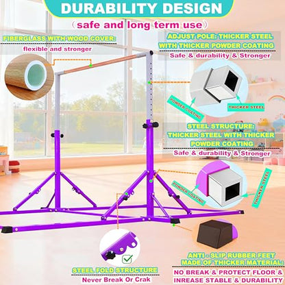 Marfula Gymnastic Bar For Kid and Teenage of 3-25, 5Ft/8 FT Base Length 4Ft Width 5Ft Adjust Height, Gymnastic Kip Bar For Gymnast, Gymnastic Training Equipment For Professional Training Home Club Use - color: Purple (New Style - 8 Ft Base)