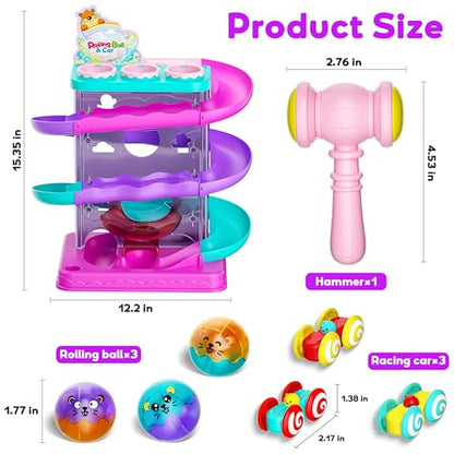 2-in-1 Light-Up Ball Drop & Car Ramp Track Toy with Hammer for Toddlers | Hammer, Launch, Roll and Race with a 2-in-1 Track Toy Made for Hands-On Fun - color: Pink + Purple + Cyan + Peach