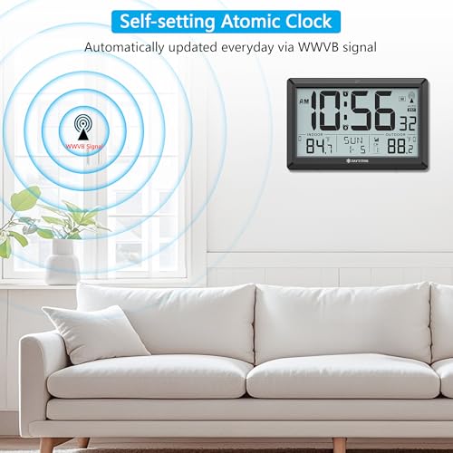Atomic Clock Wall with Indoor/Outdoor Temp, Battery Operated Digital Wall Clock with 10.5" Large LCD Display, 330ft Range Desk Table Clock with Alarm, DST, Calendar for Living Room Bedrooms, Black - color: Black