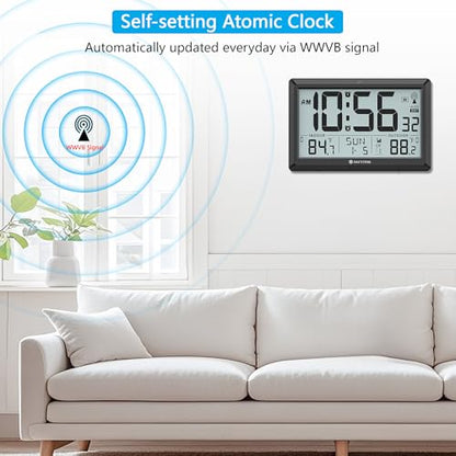 Atomic Clock Wall with Indoor/Outdoor Temp, Battery Operated Digital Wall Clock with 10.5" Large LCD Display, 330ft Range Desk Table Clock with Alarm, DST, Calendar for Living Room Bedrooms, Black - color: Black