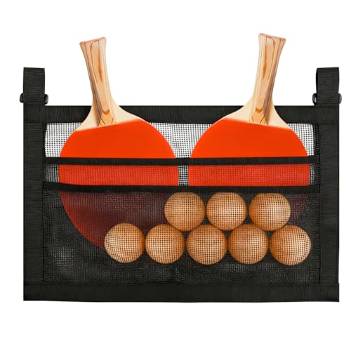 Ping Pong Paddle Holder with Mesh Storage Bag, Under Table Tennis Organizer with Adjustable Straps, Hanging Pickleball Paddle Rack for Balls & Paddles, Easy Install Space-Saving Storage