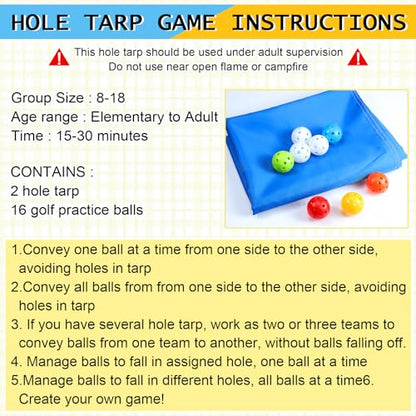 Tradder 2 Set Hole Tarp Team Building 85 x 57 Inches Fun Team Building for Work with 16 Pcs Ball for Teamwork Group Activities(Blue)