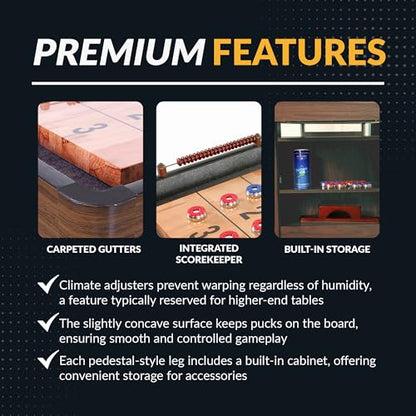 Hathaway Challenger Shuffleboard Table for Family Arcade Game Room - with Poly-Coated Playfield, Built-in Scorer & Cabinet, Climate Adjusters, Leg Levelers, 8 Pucks, Brush & Wax - Walnut Finish - size: 14-foot