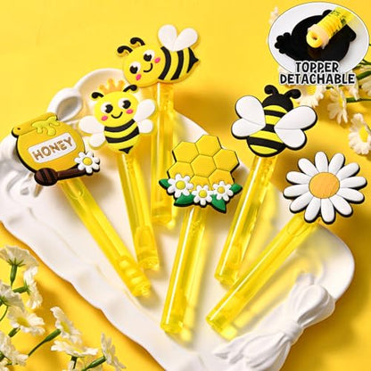 Winrayk Bee Party Favors, 24Pcs Bee Themed Mini Bubble Wands for Kids Bubbles Bulk with Detachable Topper (6 Styles & Colors), Birthday Gift Easter Goody Bag Stuffer Classroom Prizes Honey Party Favor - style: Bee