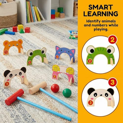Toddmomy Animal Wooden Croquet Set for Kids - Complete Family Indoor Outdoor Game with 5 Animal Wickets & 2 Mallets - Safe Educational Learning Toy & Gift for Toddlers Boys Girls 3-6
