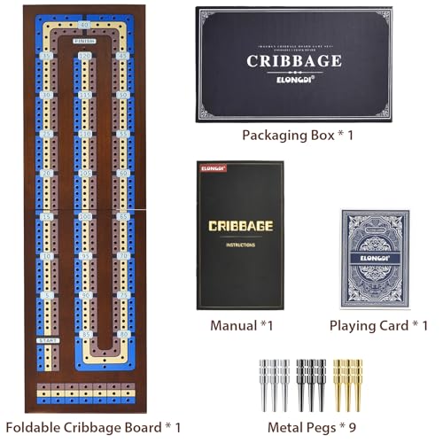ELONGDI Foldable Wooden Cribbage Board Game Set, Portable Travel 3 Track Cribbage Board with Magnetic Closure,9 Metal Pegs,A Deck of Cards - Family Board Games for Kids and Adults