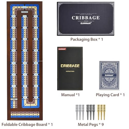 ELONGDI Foldable Wooden Cribbage Board Game Set, Portable Travel 3 Track Cribbage Board with Magnetic Closure,9 Metal Pegs,A Deck of Cards - Family Board Games for Kids and Adults