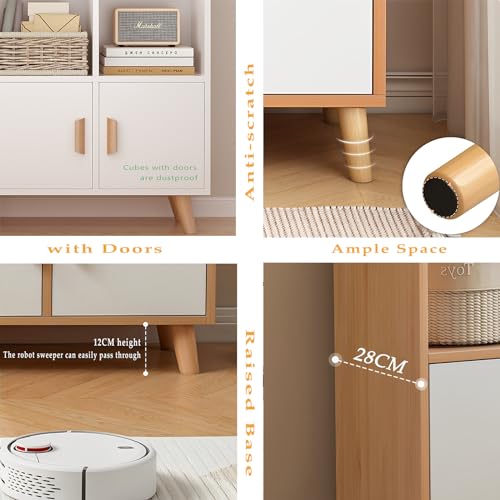 OSCHF Cubby Shelf Bookcase with Doors - Wooden 11 Cube Floor Standing Open Bookshelf with Solid Wood Legs, 3-Tier Storage Cabinet, Oak and Warm White - color: Oak + White