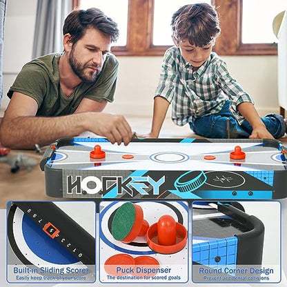 Table Top Air Hockey Table for Kids, 32” Mini Tabletop Air Hockey Game w/Electric Motor Fan, 2 Pushers and 2 Air Hockey Pucks, Great for Playing on The Floor, Tabletop (Blue & Gray)