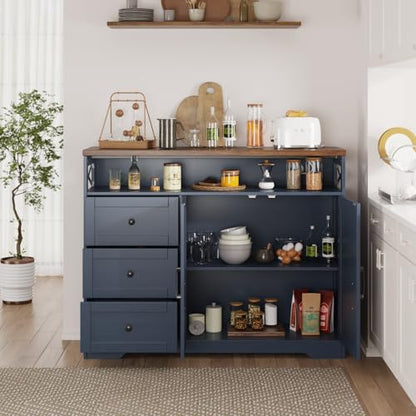 Befrases Farmhouse Buffet Cabinet with Drawers & Open Shelf, Sideboard with Storage, Kitchen Pantry Cabinet Hutch, Coffee Bar Station for Kitchen, Livingroom, 47" L Blue - color: Blue