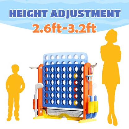 Giant 4-in-A-Row Connect Game Set, Adjustable Height Jumbo Yard Game with Golf, Basketball Hoop, Ring Toss & Mesh Pocket, Indoor & Outdoor Yard Connect Game for Kids Adults Family - color: Blue