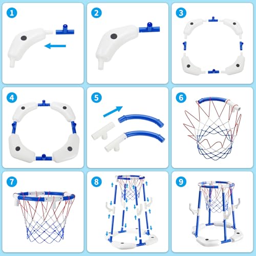 Sitodier Pool Basketball Hoop for Kids, 2-in-1 Floating Pool Water Play Toys and Ring Game with 4 Balls and Pump, Outdoor Summer Swimming Pool Basketball Games Family Party for Kids Adults (Blue)
