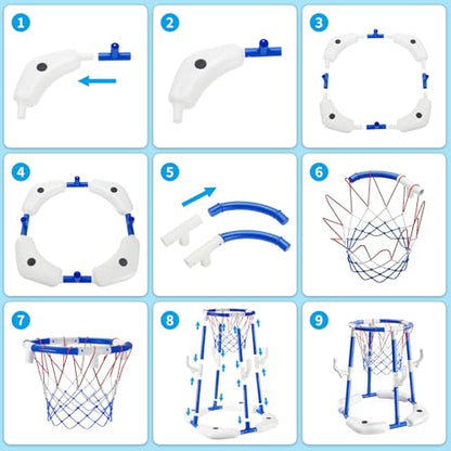 Sitodier Pool Basketball Hoop for Kids, 2-in-1 Floating Pool Water Play Toys and Ring Game with 4 Balls and Pump, Outdoor Summer Swimming Pool Basketball Games Family Party for Kids Adults (Blue)