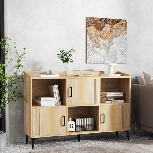 LOKO 47” Wide Storage Cabinet, Large Bookcase with 3 Door Cabinets & Open Shelves, Wood Buffet Cabinet, Sideboard with Anti-tip Kits, Freestanding Storage Cabinet for Living Room, Dining Room