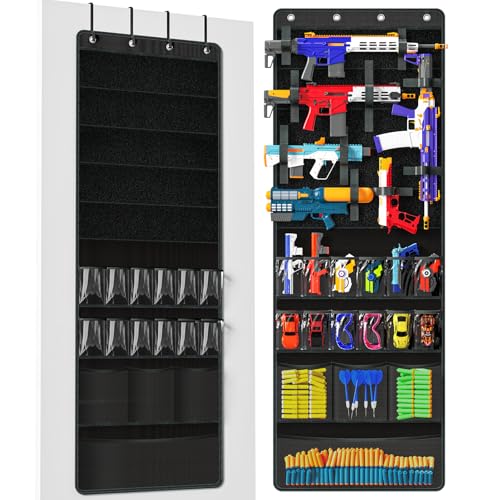 Over Door Toy Gun Storage, Hanging Organizer for Toy Guns, Hanging Toys Organizer with Pockets, Hook&Loop Straps for Foam Blasters, Darts, Goggle, Toys Storage Door Hanger for Kidroom, Gameroom, Black - color: Black