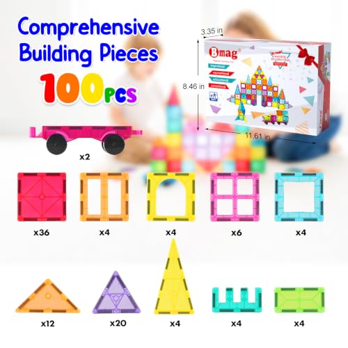 Bmag 100PCS Magnet Building Blocks with 2 Cars for Kids, Magnetic Tiles Stacking Building Set for Boys Girls, STEM Preschool Educational Learning Construction Toy - size: 100