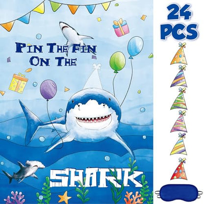 WERNNSAI Pin The Fin on The Shark Party Games - Shark Birthday Decorations Under The Sea Party Game Poster with 24 Pcs Stickers for Kids Birthday Family Classroom Activities - style: Shark