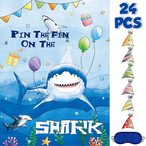 WERNNSAI Pin The Fin on The Shark Party Games - Shark Birthday Decorations Under The Sea Party Game Poster with 24 Pcs Stickers for Kids Birthday Family Classroom Activities - style: Shark