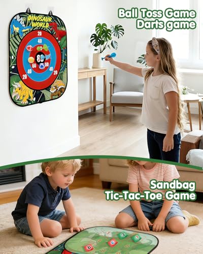 5-in-1 Bean Bag Toss Game for Kids Ages 3-8, Outdoor Cornhole Set with 3 Interchangeable Boards (Toss/Dart/Tic-Tac-Toe), Includes 8 Beanbags 6 Balls/Darts/Rings, Backyard Toys for Boys - style: Dinosaur