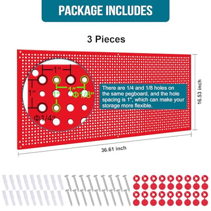 Pegboard Rack Garage Storage Steel Horizontal PegBoard Pack,Steel Pegboard Heavy Duty- 3 Pack 16-Inch X 36-Inch Metal Peg Board Tool Organization Panels (Red) - color: Red