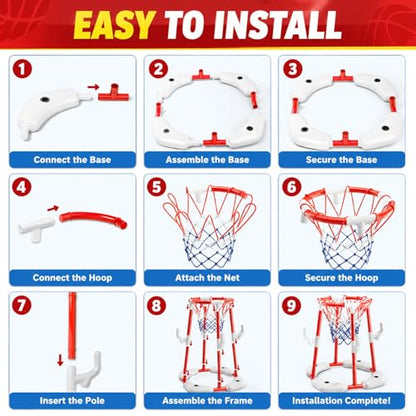 3 in 1 Pool Basketball Hoop & Ring Toss Game for Kids 4-8 8-12 - Floating Pool Toys Set with 4 Basketballs, 12 Rings, 2 Target Boards, 12 Bean Bags, Pump - Backyard Swimming Pool Summer Birthday Gift - color: red