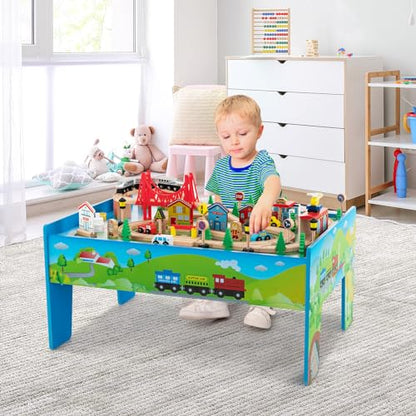 Costzon Train Table, 80 Pcs, Wooden Kids Activity Table Playset with Reversible & Detachable Tabletop, Solid Wood Tracks, Train, Railway, City, DIY Design, Gift for Boys & Girls, Multi-Color - size: 32.5" x 23.5" x 16" (L x W x H)