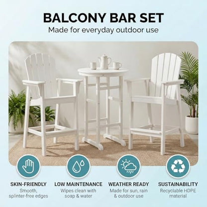 Patio Bar Tables Set of 3, HDPE Outdoor High Top Table and Chairs Set Height Table Chairs Adirondack Bar Set for Garden, Backyard, Yard, Pool, Balcony, White - color: Ø31.1" Bar Set of 3, White