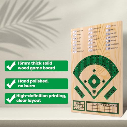 Baseball Board Game,Baseball Dice Board Game,Solid Wood 15mm Thick,12 Pieces and Dice,Markers,Manual Included,Portable,Perfect for Home Party,Family Night,Road Trip