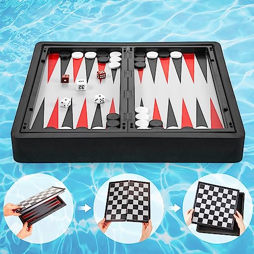 Liliful Floating Multi Game board Reversible Foldable Chess Board Tic Tac Toe Portable Travel Backgammon Chess and Checkers Game Set Pool Board Games for Family Pool Playing Board Games (3 in 1 Chess)