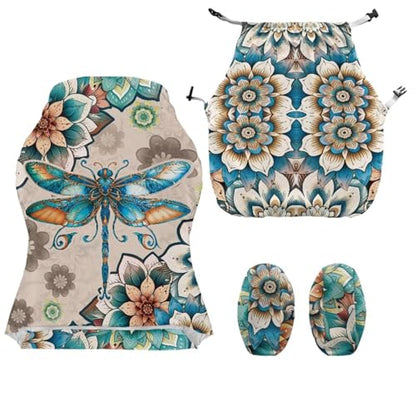 Dragonfly Print Gaming Chair Covers with Armrest Covers Boho Flower Print Computer & Gaming Chair Slipcover Universal Fit Office Desk & Racing Computer Gamer Chairs - color: Brown and Green - Dragonfly Boho Flower