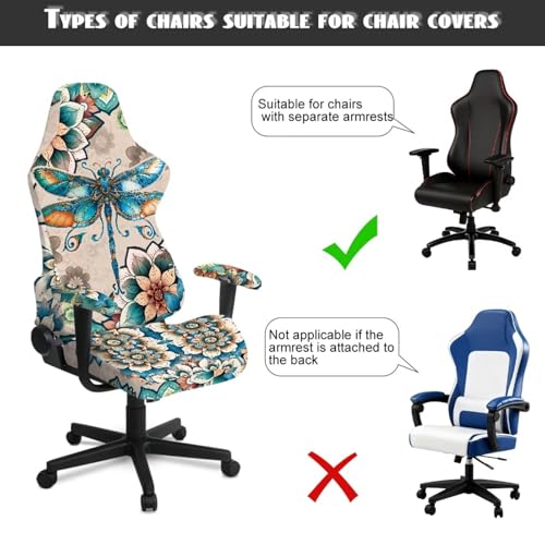 Dragonfly Print Gaming Chair Covers with Armrest Covers Boho Flower Print Computer & Gaming Chair Slipcover Universal Fit Office Desk & Racing Computer Gamer Chairs - color: Brown and Green - Dragonfly Boho Flower