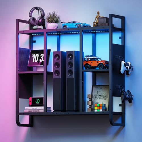 MAHANCRIS Gaming Floating Shelves with LED Lights | 3-Tier Wall Mounted Shelf with 2 Controller Hooks, Black Hanging Display Rack for Gaming Room Decor Home Bar