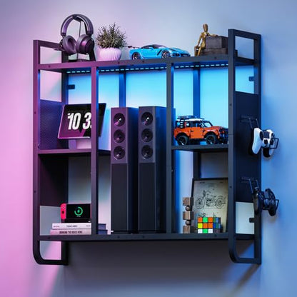MAHANCRIS Gaming Floating Shelves with LED Lights | 3-Tier Wall Mounted Shelf with 2 Controller Hooks, Black Hanging Display Rack for Gaming Room Decor Home Bar
