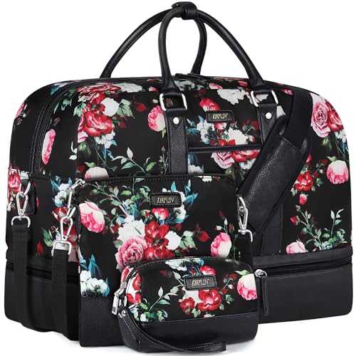 Weekender Bag for Women, Large Overnight Bag Canvas Travel Duffel Bag Carry On Tote with Shoe Compartment 21" 3Pcs Set - color: A15-black+black rose