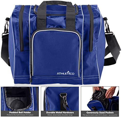 Athletico Bowling Bag for Single Ball - Single Ball Tote Bag With Padded Ball Holder - Fits a Single Pair of Bowling Shoes Up to Mens Size 14 - color: Blue