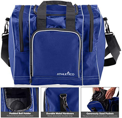 Athletico Bowling Bag for Single Ball - Single Ball Tote Bag With Padded Ball Holder - Fits a Single Pair of Bowling Shoes Up to Mens Size 14 - color: Blue