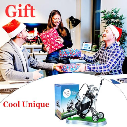 Golf Pen Holder with 3 Club Pens and Movable Golf Cart, Mini Golf Bag Desk Decor for Office, Funny Golf Gifts for Men, Dad, Boss - Stocking Stuffers for Golfers on Birthday, Christmas, Fathers Day - style: Golf Bag w/Cart