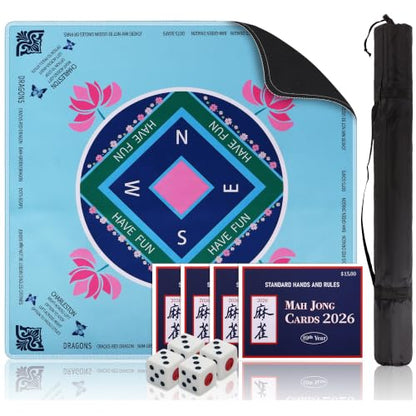 American Mahjong Mat Set,33 x 33 Inch Non-Slip Waterproof Silent Game Mat | Comes with 4 Rule Cards,4 Dice & 1 Carry Bag,Portable for Poker,Dominoes,Perfect for Camping,Summer Party and Holiday Gifts - color: Green