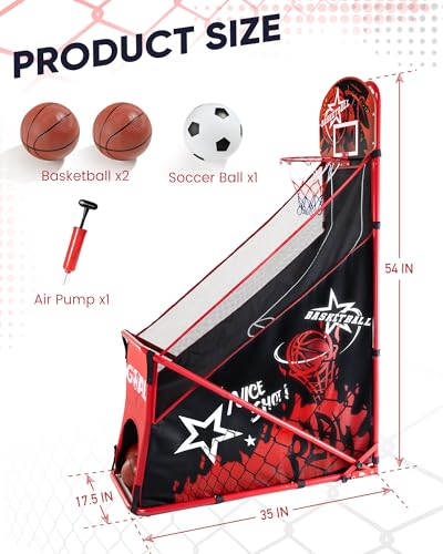 Foldable Basketball Arcade Game for Kids: 2 in 1 Basketball Hoop and Soccer Goal Set with Sturdy Metal Frame - Portable Indoor Outdoor Sports Toys for Boys Girls Ages 3-8