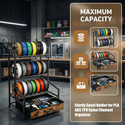 3D Printer Filament Storage Rack with Fabric Drawer | Dust-Proof Build, Fits PLA ABS TPU Nylon, Sturdy Spool Holder, Ideal for Organized 3D Printing Workshop & Home Studio