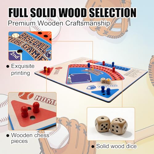 Baseball Board Game, Solid Oak Wooden Baseball Dice Table Game with 20mm Thick Board, Red & Blue Design, Complete Set for Family Party, Game Night, Holiday and Travel