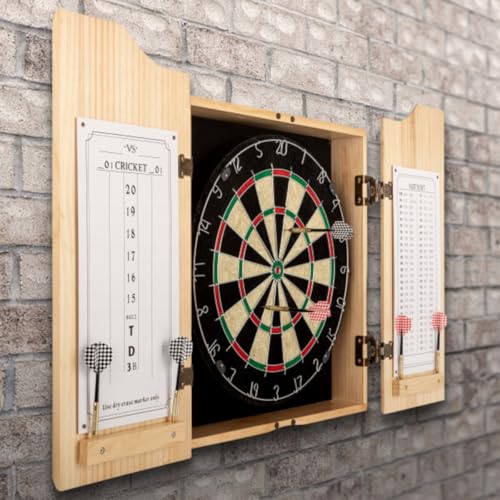Dart Board Cabinet Set - Natural Pinewood Cabinet with Self-Healing Sisal Dartboard, 6 Steel Tip Darts, Dart Holders, Scoreboard, and Out Chart - Man Cave, Bar or Game Room Decor by Trademark Gameroom