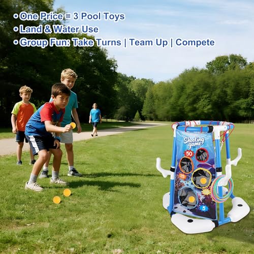 yofit 3-in-1 Pool Basketball Hoop Set, Floating Pool Toys with 14 Balls 12 Rings Toss Games Pump, Outdoor Summer Basketball Game at Swimming Poolside for Kids Ages 4-12 Adults Family Fun - color: Blue