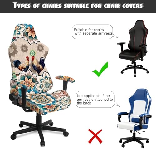 Rooster Print Gaming Chair Slip Cover Set Boho Mandala Flower Print Gaming Chair Covers Slipcovers 4Pcs with Armrest Cover Universal Fit for Desk/Swivel/Rotating Chairs Protector - color: Brown - Rooster Boho Mandala Flower
