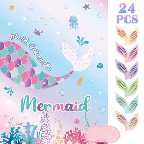 WERNNSAI Pin The Tail on The Mermaid - Mermaid Party Decorations Ocean Party Games for Wall Home Room Birthday Party Favor 21'' x 28'' Poster with 24PCS Tail Stickers - style: Mermaid 002